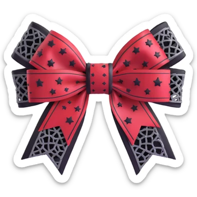 gothic style 3D emoji bow, deep red with black lace pattern, silver stars, moody and ornate sticker