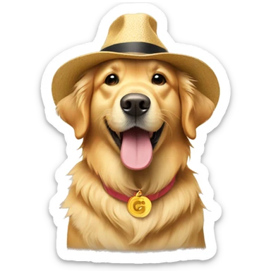 Golden retriever wearing a hat that says Congrats! sticker
