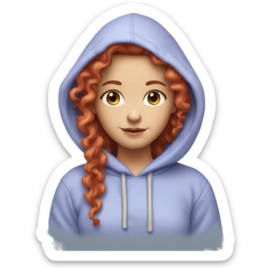 white girl with long red curly hair, wearing a pastel periwinkle hoodie doing a pose sticker