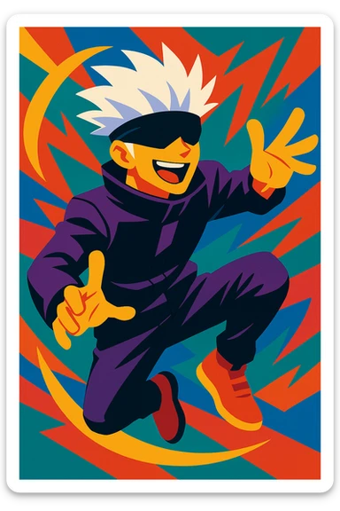 Gojo Satoru from Jujutsu Kaisen, vibrant cartoon style, white hair, blindfold, dynamic action pose sticker