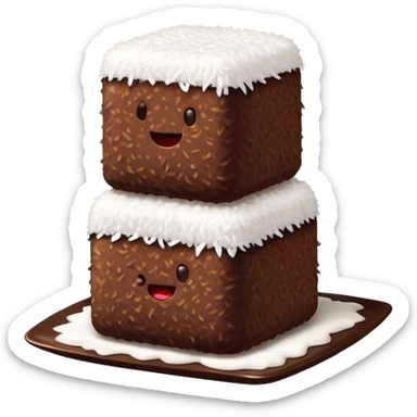 Cinematic Realistic Lamingtons Dessert Emoji, depicted as soft sponge squares coated in chocolate and coconut rendered with mouth‚Äêwatering detail and vibrant lighting. sticker