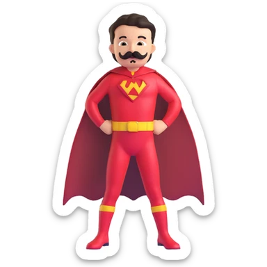 kid superhero with handlebar mustache, mustache-themed costume, young sidekick sticker