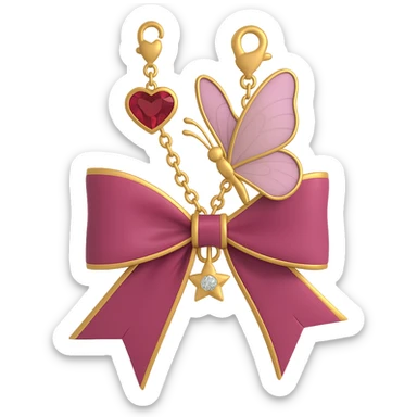 Add a delicate butterfly accessory perched on the 3D burgundy bow. Keep the gold trim, sparkling jewel, heart charm, chain, and star pin intact. The style should be 3D emoji style with a clean transparent background. sticker