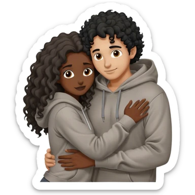 tan-skinned man with curly black hair wearing a brown hoodie and a long-haired black-skinned woman wearing a gray hoodie are hugging. sticker