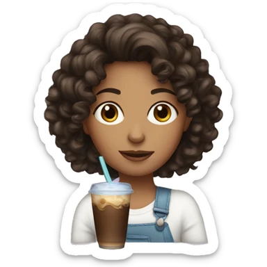 Girl with dark brown curly hair drinking iced coffee sticker