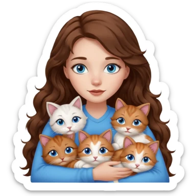 girl with long wavy brown hair, blue eyes, long lashes makeup, cuddling with 6 cats sticker