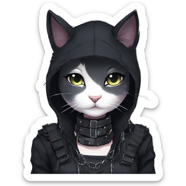 Gorgeous gothic dark techwear anime style anthro cat with blushing face aesthetic and pretty edgy black with collar and harness trending style sticker