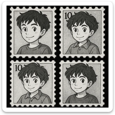 Convert the letter stamp images to completely black and white with no color, preserving the letter stamp style, in a studio ghibli style illustration. Focus on black and white tones only, no color. sticker