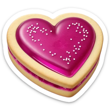 Realistic shortbread cookie in the shape of a heart with Fuchsia color jelly middle filling and sprinkled powder sugar on top. sticker