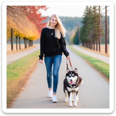 Cute Blonde woman wearing a black sweater and jeans and white sneakers walking a happy red-brown blue-eyed Siberian husky in New York City on an upper east side city sidewalk  sticker