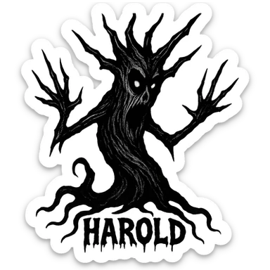 twisted haunted tree named Harold, hollow eyes, sharp branches, ghostly silhouette, inspired by Haunted Mound sticker
