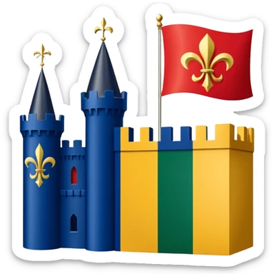 Louisiana Creole flag in 4 boxes: gold fleur-de-lis on deep blue/black; green, yellow, red stripes in upper right and lower left with green star in upper right; yellow castle on red in lower right. Flat vector, clean, high contrast, clear at small size. sticker