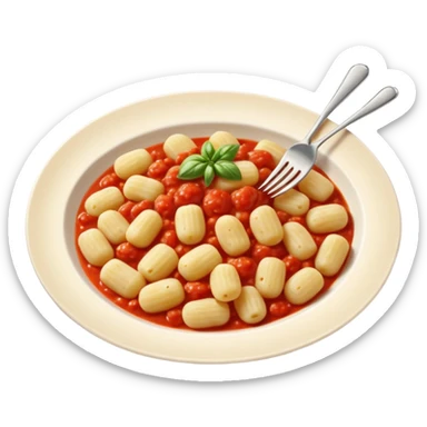 Gnocchi Cinematic Realistic Gnocchi Dish Emoji, depicted as tender oblong potato gnocchi garnished with iconic fork marks on top, rendered with soft textures and warm, inviting lighting. add tomato sauce sticker