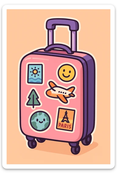 pink and purple rolling suitcase with a mix of travel stickers, thick line art, flat pastel colors, graphic shadows and highlights, white sticker outline, cute cartoon style, variation 3 sticker