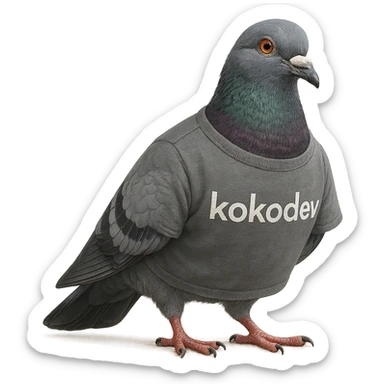 a lifelike pigeon in a t-shirt that says 'kokodev', natural colors, photorealistic style, detailed feathers and fabric sticker