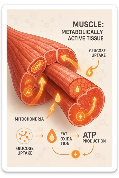 a highly detailed cross-section of human skeletal muscle fibers, shown in vibrant red and pink tones, with visible striations and realistic texture. Glowing arrows and animated icons represent active metabolic processes—such as glucose uptake, fat oxidation, and ATP production—occurring within the muscle tissue. Surrounding the muscle, floating symbols for mitochondria and energy highlight its metabolic activity. The background is clean and clinical, with subtle labels and infographics explaining that muscle is a metabolically active tissue. The overall style is modern, scientific, and visually engaging, suitable for educational or medical use. sticker