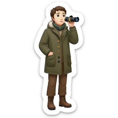 henry David thoreau full body looking up  birdwatching with binoculars in snow sticker