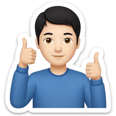 3D avatar of a Korean male frontend developer,
clean 5:5 middle part black hair,
no glasses,
close-up face portrait,
only head and one hand visible,
one hand making thumbs up gesture,
soft and friendly expression,
minimal style
 sticker