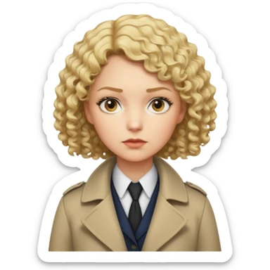 detective woman in long coat, blond short curly hair, white skin sticker