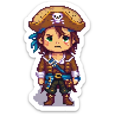 sad pirate pirate character, pixel art style sticker