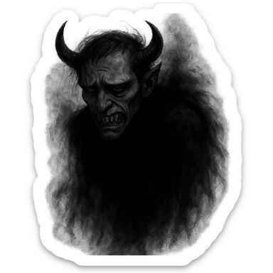 shadowy demonic character with sneer, vicious grin, sad pessimistic expression, embodying perpetrator aura sticker