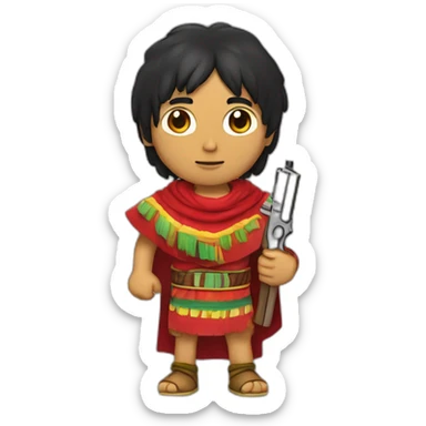 An Inca man, neck-length black hair, wearing a red headband and wearing a red poncho (with yellow, green and red lines) and holding a pistol sticker