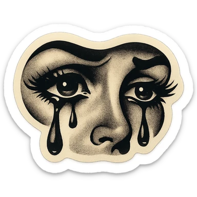 crying female eyes, gloomy, expressive, with long eyelashes, sharp black contours, sharp shadows and highlights, retro stickers style, no gradients sticker