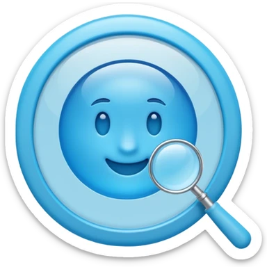 A 3D emoji-style magnifying glass, smooth rounded shapes, soft gradient blue ring, glossy plastic material, subtle highlights and reflections, simple minimal design, pastel blue color, slightly thick proportions, soft lighting, clean white background, modern emoji aesthetic, centered composition sticker