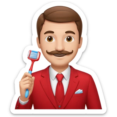 brown haired man with toothbrush-mustache and red suit sticker