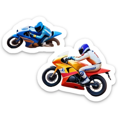 A sleek racing car and motorcycle speeding on a track, leaving a trail of dust behind. The scene captures the thrill of high-speed competition, with blurred motion and vibrant colors, highlighting the dynamic energy of motorsport. sticker