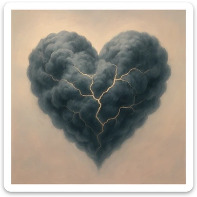 heavy heart formed from stormy, swirling clouds, with visible cracks, set against a soft pastel minimalist background, abstract, soft gradient sticker