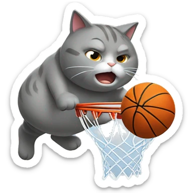 grey fat cat slam dunking basketball between legd sticker