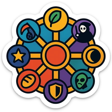 a mystical wheel with eight spokes, each spoke ending in a unique icon: life represented by a leaf, death represented by a grim reaper, darkness represented by an eclipse, plague represented by a mask, war represented by a shield, hunger represented by bread, dreams represented by a star, destiny represented by a spinning wheel; magical artifact illustration sticker