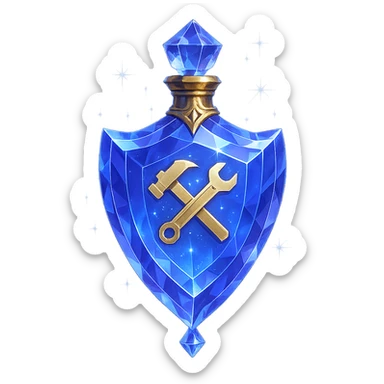 crystal luxurious elixir bottle in shield shape, color #7986cb, with 🛠 symbol on the bottle, lots of shining, edges, ornaments, golden details, magical effects, very small golden neck, transparent background, beautiful seamless bottom, bottle clearly floating in air, no base or shadow, very luxurious, modern, matching a collection sticker