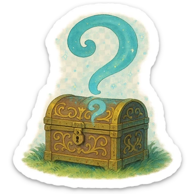 ghibli style ornate treasure chest obscured by a swirling question mark, magical atmosphere sticker