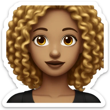 Female with long curly cherry chocolate hair, burgundy eyes and light skin. She wears eyeliner and mascara, a black tank top and gold jewelry sticker