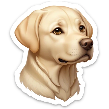Cinematic Noble Cream Labrador Portrait Emoji, Poised and regal, with a strong, athletic build and a smooth, well-groomed cream Fur, deep-set soulful warm eyes, Simplified yet sharp and sophisticated features, highly detailed, glowing with a soft, dignified glow, high shine, intelligent and gentle, stylized with an air of grace, focused and attentive, soft glowing outline, capturing the essence of a watchful and loving companion, so majestic it feels as though it could bound out of the screen with effortless authority! sticker
