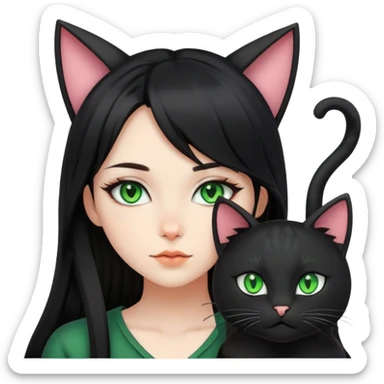 digital artist girl with green eyes, black long hairs, cat ears sticker