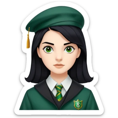 genevieve gaunt is Pansy Parkinson in harry potter, wear hogwarts slytherin uniform, black hair, not wearing hat sticker