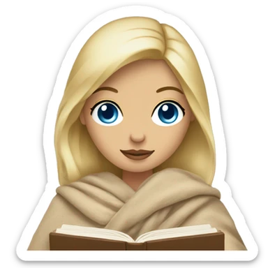 blonde woman with blue eyes in a blanket with a beige book in her handsemoji sticker