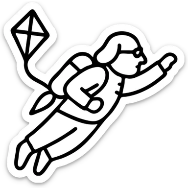 minimalist black outline icon of Ben Franklin flying with a jetpack, left hand holding a small diamond kite, right arm stretched forward as if soaring through the air, startup-vibe logo sticker