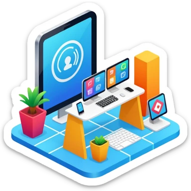 isometric, image of modern user experience with mobile, desktop portal, kiosk etc sticker