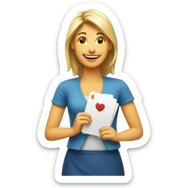 a happy woman holding a ton card maker sticker