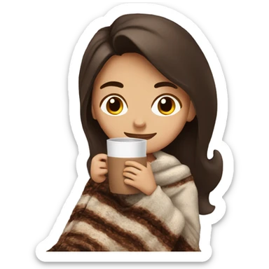 A brunette girl being cozy with a blanket and a cup of hot chocoate sticker