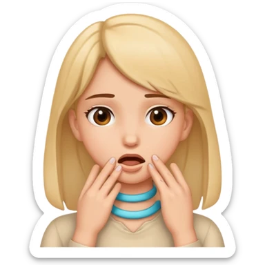 A girl with hands on throat sticker