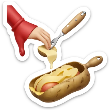 hand peeling a potato with a small kitchen peeler, potato skin curling off, simple white background, realistic textures, clean and bright, fun expressive design



 sticker