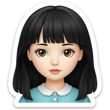 Doll girll, black hair with bangs, slightly wavy, very long hair,long eyelashes, black eyes. sticker