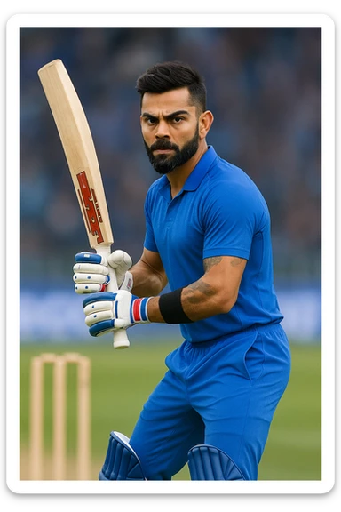 Virat Kohli, cricket legend, focused look, blue sportswear, signature beard, stylish hair, ready to bat sticker