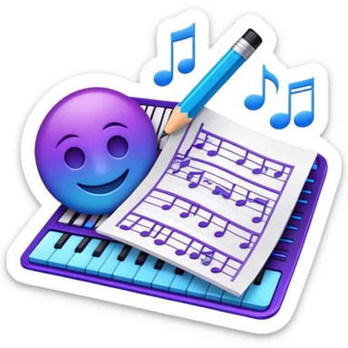 Emoji that represents music track writing. The design should feature a music composition sheet with musical notes and lyrics, a digital audio workstation (DAW) interface or soundwaves, and a pencil or pen to symbolize the writing process. Add a touch of technology with subtle elements like sound mixing sliders or waveform graphics. Use a blend of vibrant and inspiring colors, such as electric blue or neon purple, to evoke a sense of creativity and innovation. The background should be transparent. sticker