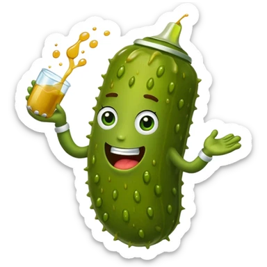 a cartoon pickle with juice squirting from the top of it, being squeezed by a hand sticker